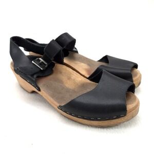 Swedish Hasbeens Clog Sandals Black 38 Retro Boho Wood Platform Peep Toe Heels